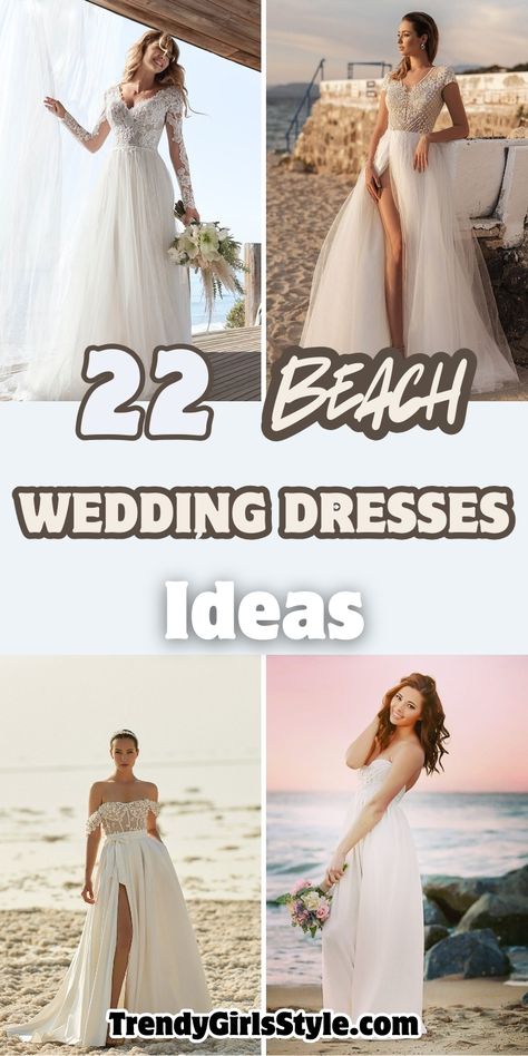 Image showcases four stunning beach wedding dress ideas with the text '22 Beach Wedding Dresses Ideas' displayed in soft brown and white tones. The top left features a long-sleeve lace gown with flowing tulle, while the top right highlights a tulle dress with a thigh-high slit. The bottom left shows an off-shoulder gown with a floral lace bodice, and the bottom right captures a strapless dress against a pink sunset. The theme emphasizes breezy, elegant styles for seaside weddings. Beach Wedding Gowns Flowy, Beach Bridal Dresses Simple, Beach Vibe Wedding Dress, Wedding Dress Hot Weather, Tropical Wedding Gown, Wedding Dresses Summer 2025, Bridal Beach Dress, Beach Vow Renewal Dresses, Bride Dress For Beach Wedding