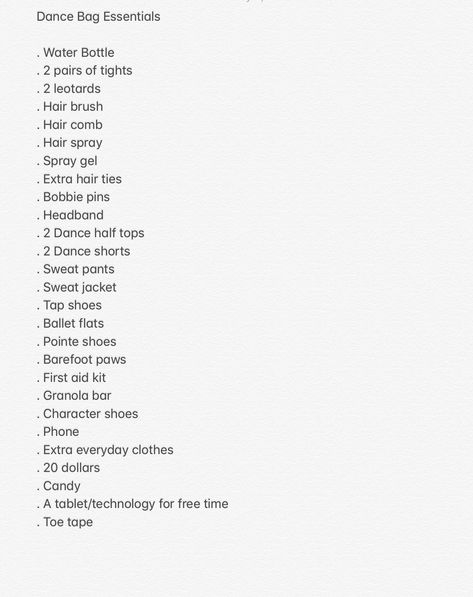 What To Pack For A Dance Comp, Dance Teacher Essentials, Dance Studio Essentials, Things Every Dancer Needs, Dance Class Essentials, What To Keep In Dance Bag, Dance Competition List, What Is In My Dance Bag, Whats In My Dance Bag Ballet