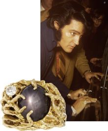 Elvis Presley's Star Sapphire Ring. A large men's 14k yellow gold nugget ring appointed with one oval black star sapphire and one diamond, owned and worn by Elvis Presley. Gold Nugget Ring, Black Star Sapphire, Elvis Memorabilia, Elvis Jumpsuits, Elvis Presley Family, Elvis Art, Star Sapphire Ring, Presley Family, Elvis Presley Pictures