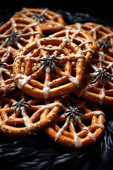 Halloween is just around the corner and it may be a good time to start planning your Halloween Party! An easy and tasty snack idea? Spiderweb pretzels! Arrange pretzelz in a spiderweb shapes, decorate with melted chololate or icing and add a little spider on top to make a very unique Halloween snack! Halloween Food Spider, Spiderweb Pretzels, Spider Snacks, Halloween Themed Food, Pretzel Snacks, Halloween Foods, Halloween Snack, Spider Halloween, Halloween Spider Web