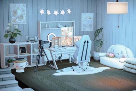 Animal Crossing Gaming Room Ideas, Room Decor Animal Crossing, Acnh Cinnamoroll Room, Acnh Gamer Room Ideas, Cute Acnh Living Room Ideas, Acnh House Interior Blue, Ione House Ideas Acnh, Acnh Gaming Room Design, Acnh Blue Interior