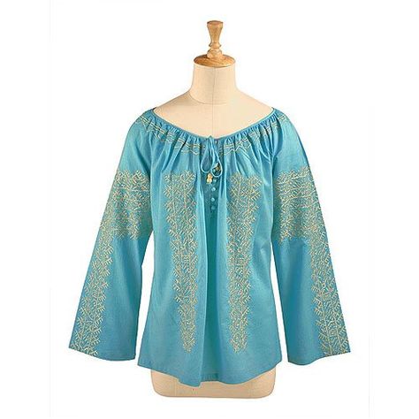 Turquoise Magyar Sleeves Gold Embroidery Cotton Peasant Blouse (Large Misses) at  Women�s Clothing store Peasant Shirts Magyar Sleeve, Peasant Shirt, Embroidery Cotton, Gold Embroidery, Peasant Blouse, Capsule Wardrobe, Clothing Store, Designer Dresses, Long Sleeve Tshirt