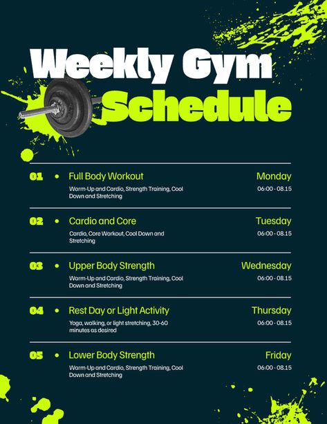 Weekly Gym Schedule - Timetable Exercise Schedule Weekly, Weekly Gym Schedule, Gym Timetable, Schedule Timetable, Exercise Schedule, Gym Schedule, Health Schedule, Workout Schedule, Gym