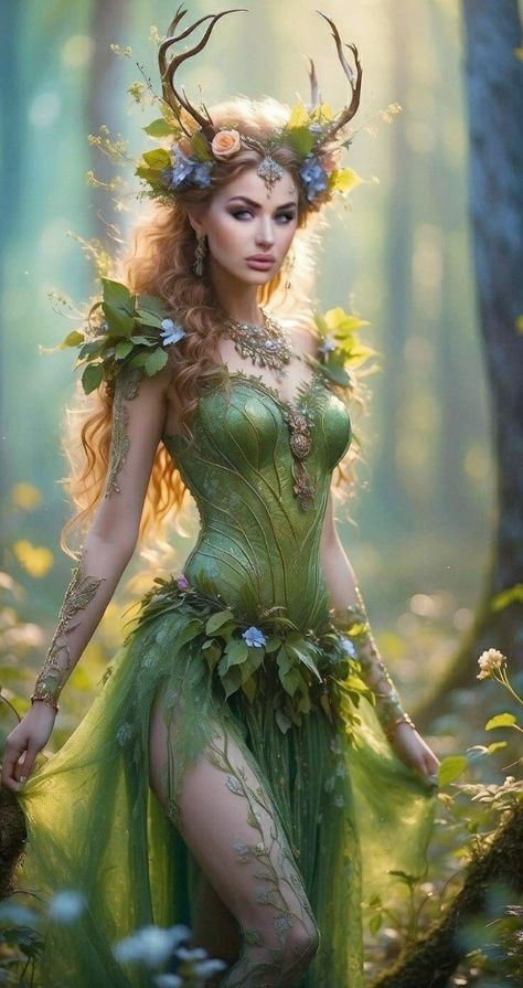 Goddess Costume Diy, Whimsical Lighting, Fae Costume, Elf Kostüm, Vibrant Background, Beauty Killer, Nature Goddess, Forest Elf, Fairy Artwork