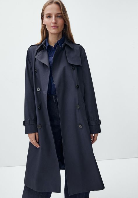 Dark Academia Coat, Dark Blue Trench Coat, Cotton Trench Coat, Blue Trench Coat, Long Trench, Long Trench Coat, Trench Coats Women, Double Breasted Coat, Autumn Outfit