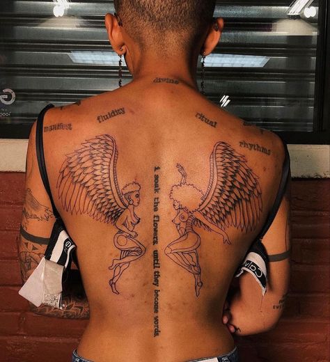 Minimalist Tattoo Line Art, Back Tattoo Words, Words Down Spine Tattoo, Minimalist Back Tattoo, Tattoo Angels, Angel Back Tattoo, Angels Tattoo, Girl Spine Tattoos, Tattoo Line Art