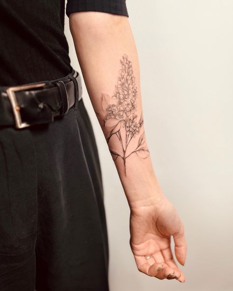 Fineline Lilac Tattoo, Fine Line Lupine Tattoo, Stock Flower Tattoo, White Lilac Tattoo, Lilac Shoulder Tattoo, Lilac And Gooseberries Tattoo, Lilac Tattoo Design Black And White, Lilac Arm Tattoo, Lilac Branch Tattoo