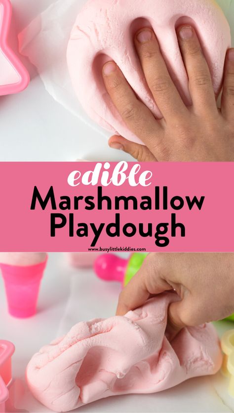 This easy 4-Ingredient Marshmallow Playdough recipe doubles as edible playdough! A great fun activity for kids of all ages and marshmallow lovers. Playdough Ideas For Kids, Food Crafts For Kids Edible, Food Sensory Activities, Marshmallow Playdough, Marshmallow Activities, Edible Kids Crafts, Sensory Recipes, Edible Play Dough Recipe, Easy Playdough Recipe