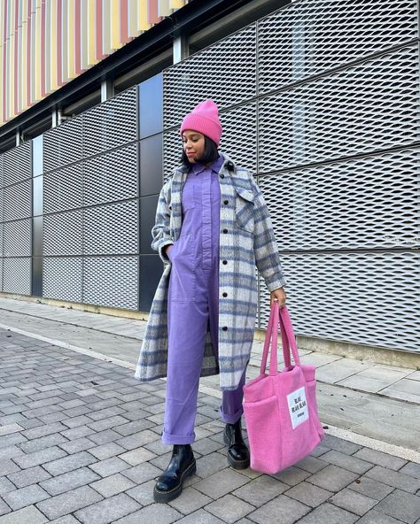 Cat Patterson on Instagram: “Jumpsuit joy 💜💜💜 - pr products tagged” Boilersuit Outfit, Boiler Suit Outfit, Pink Boiler Suit, Coat Winter Outfit, Nursing Friendly Outfits, Teddy Bag, Postpartum Fashion, Dr Martens Outfit, Dr Martens Style