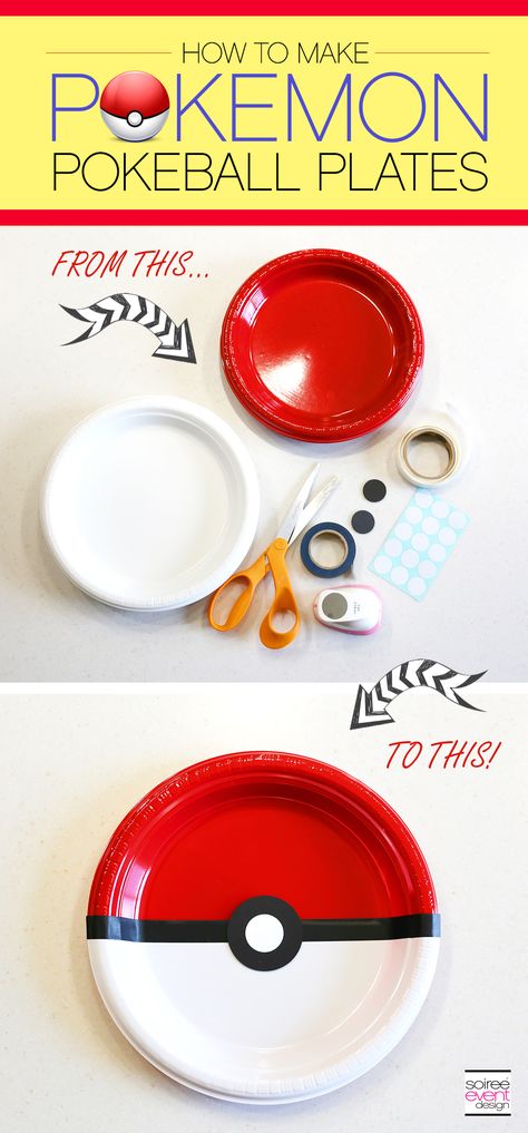 | Pokemon Party Ideas – Dining Table   DIY Pokemon Pokeball Plates | http://soiree-eventdesign.com Pokemon Party Ideas, Pokemon Party Decorations, Diy Pokemon, Pokemon Themed Party, Pokemon Diy, Pokemon Cake, Pokemon Craft, Pokemon Birthday Party, Pokemon Theme