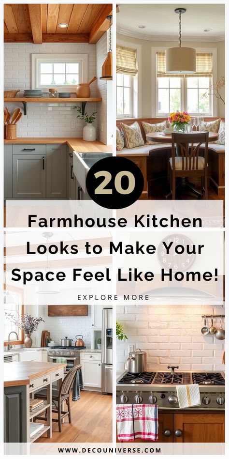 Capture the farmhouse aesthetic with these 20 cozy kitchen ideas that combine rustic elegance and modern convenience. Country Kitchens Ideas, White Farmhouse Kitchen Decor, Small Country Kitchens, Cozy Kitchen Nook, White Farmhouse Kitchen, Distressed Cabinets, Farmhouse Kitchen Inspiration, Kitchens Ideas, Farmhouse Backsplash