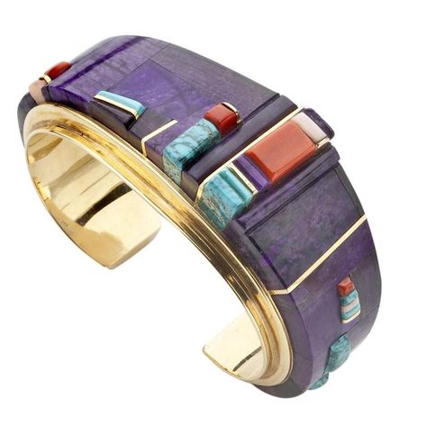 Cuff |  Charles Loloma.  18 karat gold inlaid with sugilite, coral and Lone Mountain turquoise. Circa. 1982-85 Charles Loloma, Jewelry Facts, Inlay Jewelry, Trending Bracelets, Turquoise Jewelry Native American, American Indian Jewelry, Southwest Jewelry, Native American Turquoise, Native Jewelry