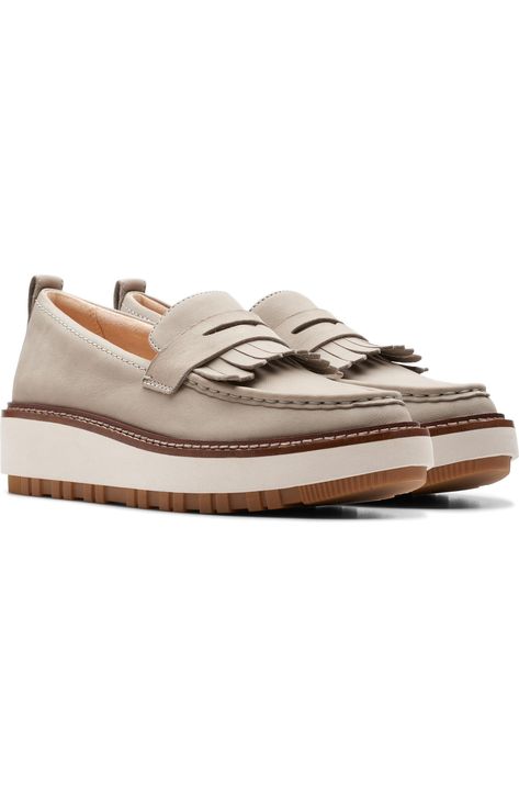 Clarks® Orianna Platform Penny Loafer (Women) | Nordstrom Fringe Loafers Outfit, Women’s Platform Loafers, Style Women’s Loafers, Casual Work Shoes Women, Platform Loafers Outfit, Comfortable Office Shoes, Fall Shoes For Women, Dressy Sneakers, Casual Work Shoes