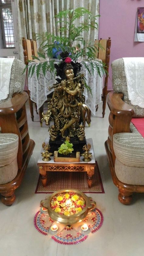 Krishna Idols At Home, Krishna Idol Decoration At Home, Tulasi Decoration, Brass Decor Indian, Brass Krishna Idol, Krishna Decoration, Mandir Decoration, Krishna Idol, Indian Room