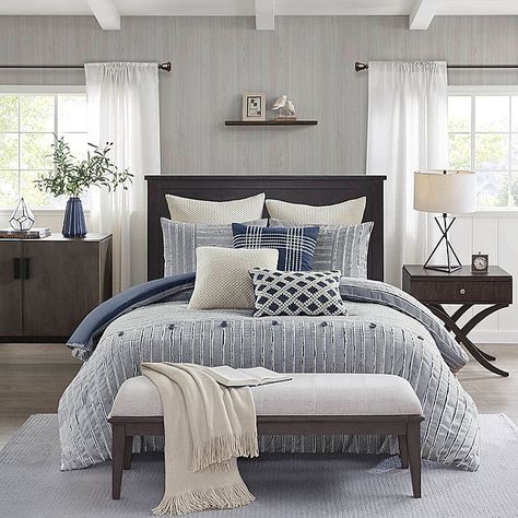 Madison Park Signature Essence Cotton Clip Jacquard Comforter Set - JCPenney Navy Farmhouse Decor, Modern Farmhouse Bedrooms, Farmhouse Bedrooms, Linen Comforter, Oblong Throw Pillow, Cotton Comforter Set, Decorative Embroidery, King Comforter Sets, Cotton Comforters