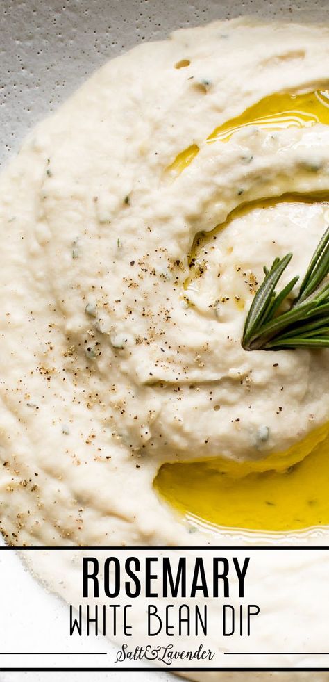 closeup of a bowl of dip with text overlay that reads rosemary white bean dip White Bean Dip Recipe, Gluten Free Dairy Free Dinner, Vegan Winter Recipes, Winter Appetizers, Bean Dip Recipe, Vegan Apps, Rosemary Recipes, Appetizer Platter, Bean Dip Recipes