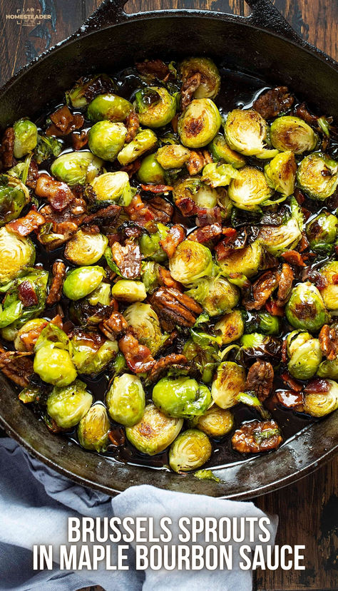 These Brussels sprouts in Maple Bourbon Sauce are packed with a glorious combination of bacon and candied pecans! Amazing enough to be served on their own yet perfect with a big hearty dinner.