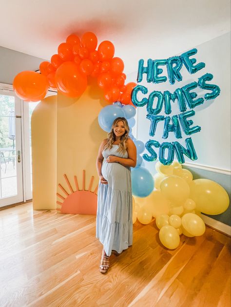 Sun themed shower Summer Baby Shower Themes Boy, Yoga Baby Shower Theme, Summer Event Themes, June Baby Shower Ideas Boys, Here Comes The Son Shower Decor, Baby Shower Themes Boy Summer, Baby Boy Summer Baby Shower Themes, Here Comes The Son Shower Theme, Baby Shower Themes For Boys Summer