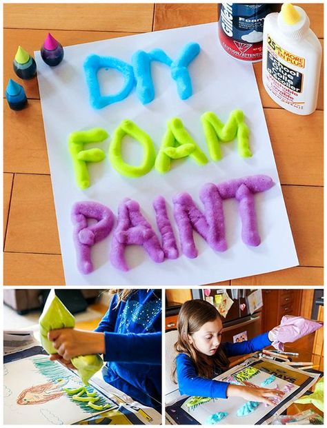 DIY foam paint – mix equal parts shaving cream and glue into a Ziplock bag, add your desired food coloring and then, with the bag sealed, squish the bag together until all your ingredients are nicely mixed together. great for sensory activities. Shaving Cream And Glue, Shaving Cream Art, Shaving Cream Painting, Kerajinan Diy, Foam Paint, Homemade Art, Puffy Paint, Ziplock Bag, Diy And Crafts Sewing