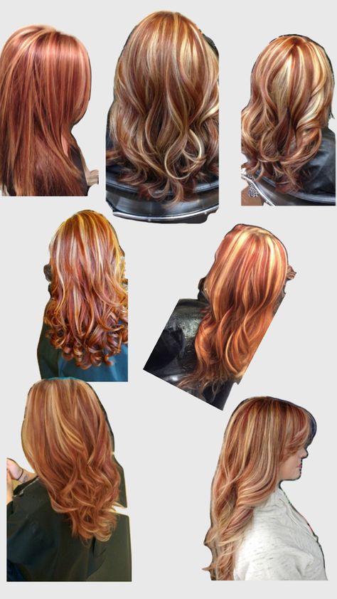 Blonde Streaks In Ginger Hair, Blonde Hair With Red Highlights Burgundy, Ginger With Chunky Blonde Highlights, Hair Dye Ideas For Gingers, Ginger Hair With Colored Streaks, Red Hair Movie Characters, Dark Ginger With Blonde Highlights, Pumpkin Spice Highlights, Auburn Hair Color With Highlights Copper