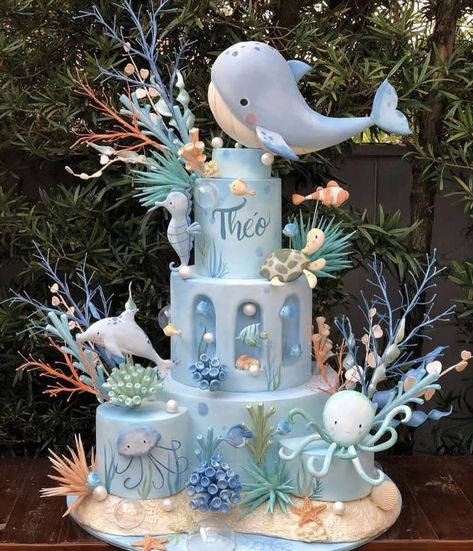 Sea Theme Cake, Super Torte, Ocean Birthday Party, Ocean Cakes, Mermaid Birthday Cakes, Sea Cakes, Ocean Birthday, Creative Birthday Cakes, Beautiful Birthday Cakes