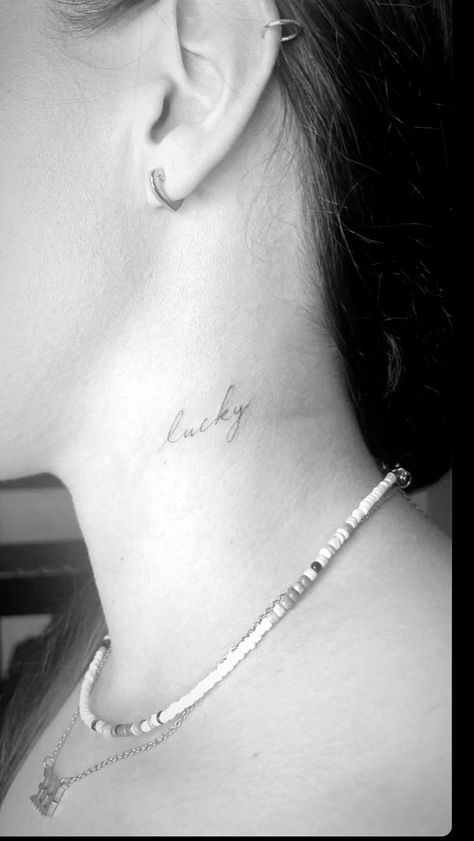 Lover Fine Line Tattoo, Lucky In Cursive Tattoo, Lucky Small Tattoo, Lucky Font Tattoo, One Word Fine Line Tattoo, Lucky Cursive Tattoo, Lucky Neck Tattoo, Lucky Name Tattoo, Lucky Fine Line Tattoo