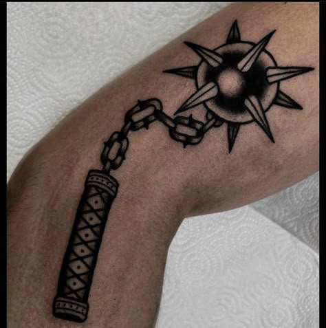 Medieval Flail Traditional Tattoo, Traditional Mace Tattoo Design, Spike Ball Tattoo, Mace Tattoo, Flail Tattoo, Oldschool Tattoo Black, Tattoo Old School, Chain Tattoo, Pumpkin Tattoo