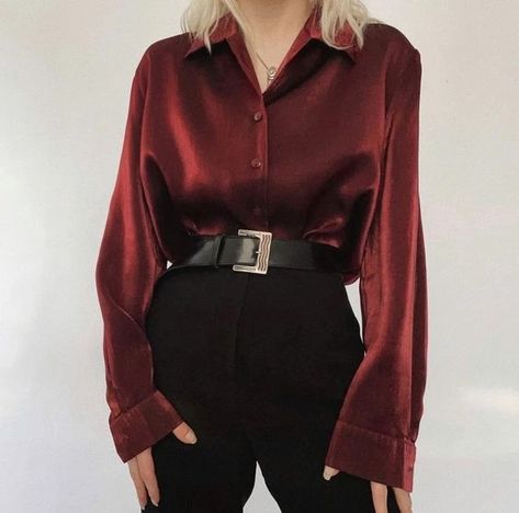 Prom Outfit For Tomboys, Maroon Aesthetic Outfit, Red Formal Outfit, Prom Outfits For Tomboys, Dark Red Outfit Aesthetic, Detective Aesthetic Outfit, Maroon Shirt Outfit, Silk Shirt Outfit, Maroon Outfit