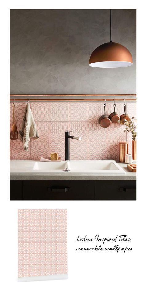 Every kitchen, even the smallest one, has a backsplash. In this interior this seasons trendiest coral color is used, mixed with copper details and grey accents. For this look I am presenting one of the designs from Azulejos collection in custom Flamingo color, from our bright and modern color palette. The inspiration behind this collection was a form of Portuguese (and Spanish) hand-painted tin-glazed ceramic tile works, exactly what we need for this kitchen look. Trendy Kitchen Tile, Pink Tiles, 아파트 인테리어, Sopot, Trendy Bathroom, Pink Kitchen, Grey Kitchens, Design Del Prodotto, Kitchen Tiles Backsplash