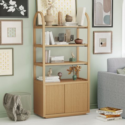 Beautiful Fluted 3-Shelf Bookcase with Storage Cabinet by Drew Barrymore, Warm Honey Finish - Walmart.com Bookcase With Storage, Toy Storage Bench, Tiered Display Shelves, 3 Shelf Bookcase, 5 Shelf Bookcase, Furniture Bookshelves, Modern Bookcase, Living Room Cabinets, Stylish Storage Solutions