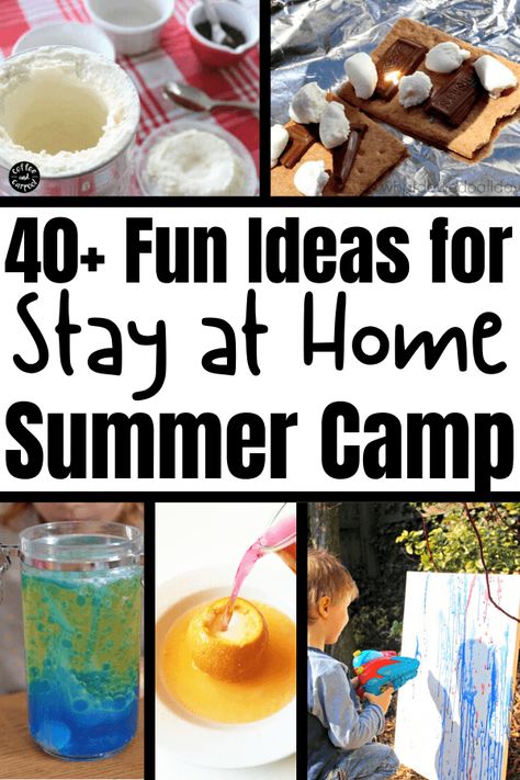 Struggling to find ways to keep your kids busy and entertained this summer? These stay at home summer camp ideas are perfect when summer camp is cancelled and you need to have Camp Mom in your backyard. These summer fun activities are perfect for summer at home and include summer crafts, summer activities, summer games and summer science. #summerfunforkids #summeractivitiesforkids #summercraftsforkids #summerscienceforkids At Home Camp Ideas, Summer Activities At Home For Kids, Mom Camp Ideas, Summer Fun Ideas For Kids At Home, Spring Break At Home With Kids, At Home Summer Activities For Kids, Summer Camp At Home Ideas For Kids, Grandma Camp Ideas Fun Activities, At Home Summer Camp Ideas