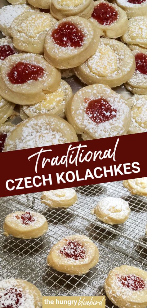 Kolachkes are traditional Czech cookies filled with jam, cheese or nuts and dusted with powdered sugar, these are the ones you'll find in Chicago area bakeries and my family’s favorite Christmas time treat! #kolachkes #Czech #Bohemian #kolache #cookies #Christmascookies Bohemian Kolaches, Czech Cookies, Kolache Recipe Czech, Kolache Cookie Recipe, Kolachy Cookies, Kolaczki Cookies Recipe, Hungarian Cookies, Czech Desserts, Kolache Recipe