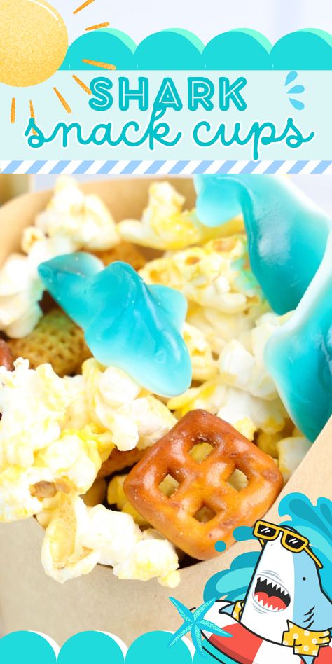 See how to make shark snack cups. These fun shark themed snack mix with chex mix, popcorn and shark gummy candies served in fry cups. Fun for movie nights. Shark Popcorn, Shark Themed Snacks, Shark Snacks, Popcorn Mix, Gummy Candies, Camp Food, Shark Themed, Snack Cups, Party Mix