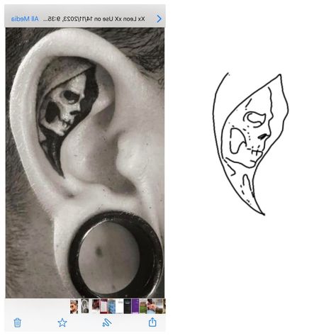 Original tattoo not mine Grim Reaper Ear Tattoo, Scream Ear Tattoo, Hand Finger Tattoos Men, Big Face Tattoo, Uv Face Tattoo, Ear Tattoo Design For Men, Small Black Tattoos For Men, Horror Finger Tattoos, Ear Skull Tattoo