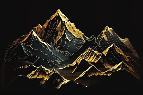 Gold Mountain Painting, Mountain Resin Art, Mountain Graphic Design, Mountain Line Drawing, Black And Gold Wall Art, Paper Cutout Effect, Mountain Line Art, Graphic Mountain, Glam Wallpaper