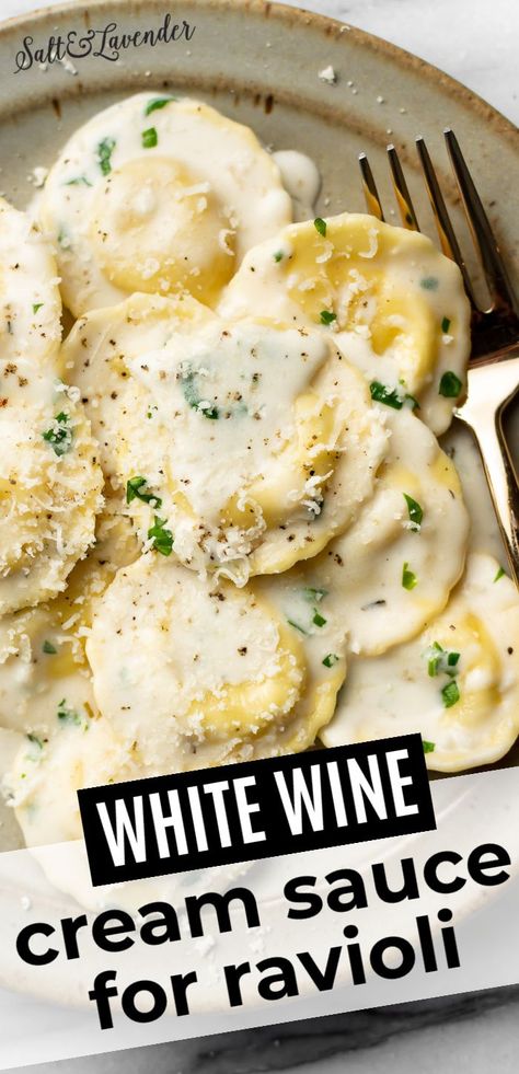 Italian White Wine Sauce, Easy White Wine Sauce, Wine Sauce Pasta Recipes, Tortellini White Wine Sauce, Easy White Wine Pasta Sauce, Creamy Mushroom Ravioli Sauce, Ravioli In White Sauce, Ravioli In Cream Sauce, White Wine Butter Sauce Pasta