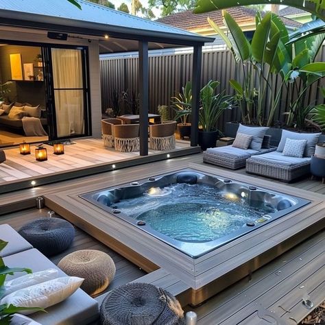 Pool Deck With Hot Tub, Hot Tub Next To Deck Ideas, Outdoor Patio Jacuzzi Ideas, Swimming Spa Backyard Ideas, Hot Tub In Deck Built Ins, Rooftop Jacuzzi Ideas, Deck Ideas For Hot Tubs, Swimming Pool Decking Ideas, Spa Pools Backyard