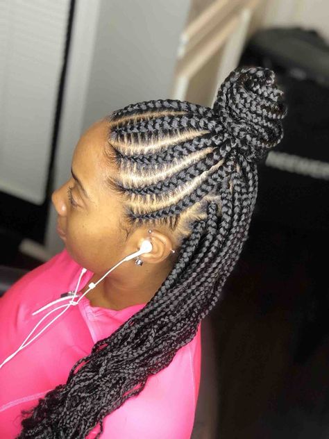 Front cornrows into bun; back box braids Half Up Half Down Cornrows Braids, Cornrows In The Front Box Braids In Back, Front Cornrows, Half Box Braids, Half Cornrows Half Box Braids, Half Cornrows, Braided Ponytails, Pixie Braids, Mommy Hairstyles