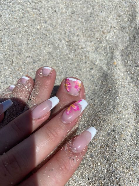 Hibiscus flower nails with french. Matching mani/pedi Nails That Match Everything, Nails With Hibiscus Flower, Nails With Hibiscus, Matching Mani Pedi, Nails With French Tip, Summer Flower Nails, Hibiscus Flower Nails, Hibiscus Nails, Tropical Nails