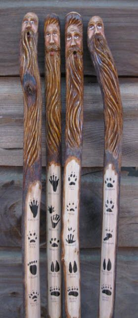 Walking Stick Ideas, Spirit Sticks, Handmade Walking Sticks, Carved Walking Sticks, Hantverk Diy, Hand Carved Walking Sticks, Wood Carving Ideas, Canes And Walking Sticks, Dremel Wood Carving