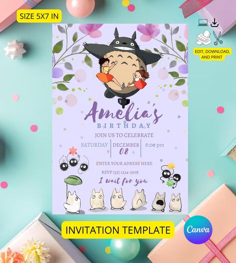 Totoro Birthday Invitation, Canva Digital Template, Anime Style Birthday Invitation, Downloadable, PrintableEditable, my neighbor totoro Totoro Birthday Party, Template Anime, Totoro Birthday, Totoro Party, Style Birthday, Neighbor Totoro, My Neighbor Totoro, Change Text, Digital Invitation