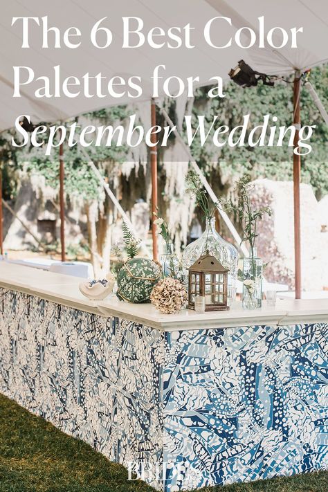 If you’re on the hunt for a gorgeous color palette that suits your September wedding, we asked planners to share some of the most popular September wedding colors. See 6 beautiful color combinations to inspire your own wedding color palette. // Photo: Brandon Lata Photography Wedding Color For September, September Wedding Themes Color Palettes, Lakeside Wedding Color Scheme, Wedding Theme Colors September, Summer Evening Wedding Colors, Elegant September Wedding Ideas, Labor Day Wedding Colors, End Of August Wedding Colors, Vineyard Wedding Color Palette