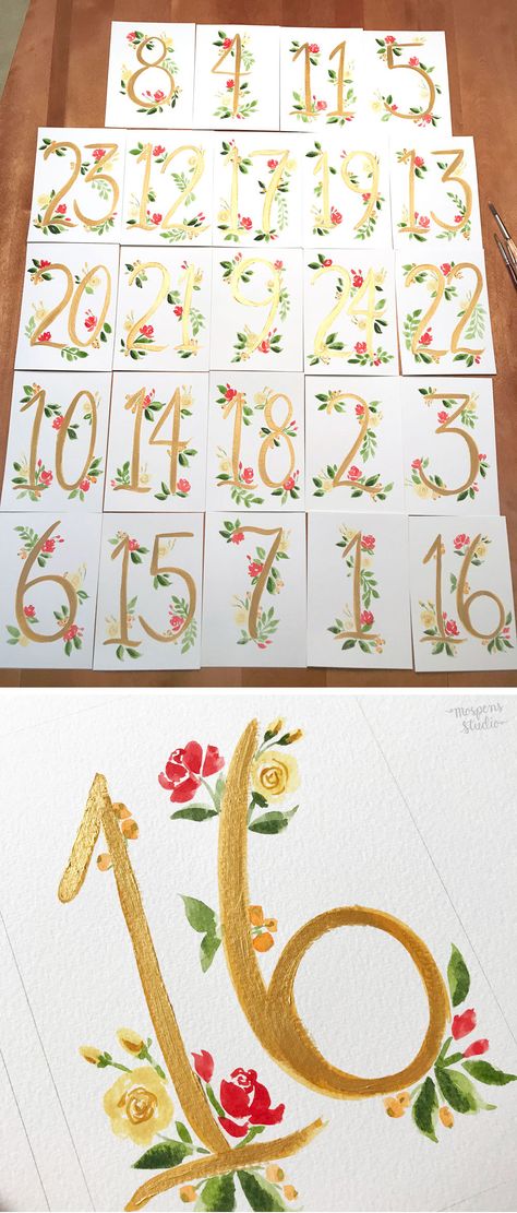 Hand painted table numbers for a New York Wedding by Michelle Mospens. Mospens Studio #weddingideas #tablecards #goldwedding #fairytalewedding Painted Table Numbers Wedding, Painted Table Numbers, Painted Florals, Hand Painted Table, Curated Wedding, Botanical Gardens Wedding, Wedding 2025, Table Number Cards, Pretty Tables