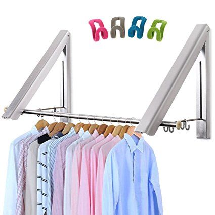 LIVEHITOP Foldable Wall Mounted Clothes Rail 2 Pieces Hanger Racks, Adjustable Aluminum Coat Skirt Organiser Rod Wardrobe Hooks for Bedroom Bathroom Balcony Indoor Outdoor Laundry Clothes Rack, Wall Mounted Clothes Drying Rack, Dorm Closet, Laundry Room Drying Rack, Foldable Wall, Wall Mounted Drying Rack, Laundry Rack, Space Saving Hangers, Folding Walls