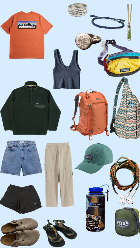 granola girl outfit!! #granolagirl #granolaaesthetic #outfitsinspo #outdoor #outdoorsy #outdoorsygirl Rei Employee Outfit, Outdoor Clothes Aesthetic, Granola Wedding Guest, Patagonia Outfit Shorts, Athletic Granola Outfits, Cute Climbing Outfit, Wanderlust Aesthetic Outfits, Granola Girl Capsule Wardrobe, Patagonia Outfit Aesthetic