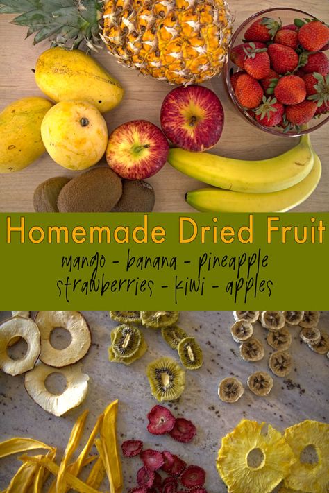 how to dehydrate fruit including bananas, mangoes, strawberries, kiwis, pineapples, and apples Fruit Leather Recipe Dehydrator, Preserve Fruit, Dried Kiwi, Fruit Leather Recipe, Dessert Alternatives, Fruit Chip, Vacation Meals, Dehydrated Fruit, Dehydrated Food