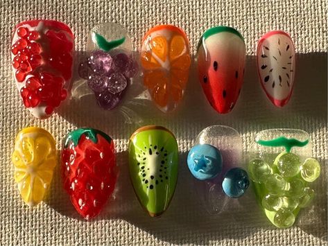 Funky 3d Nails, Chunky Short Nails, Colorful Wedding Nails, Nail Press On Designs, Theater Nails, Nail Press On, Tamagotchi Nails, Fruit Nails Acrylic, Kidcore Nails