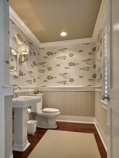 Beige Wainscoting, Wallpaper And Wainscoting, Bathroom Wainscoting, Wainscoting Ideas, Wainscoting Stairs, Wainscoting Bathroom, Dining Room Wainscoting, Wainscoting Styles, Coastal Wallpaper