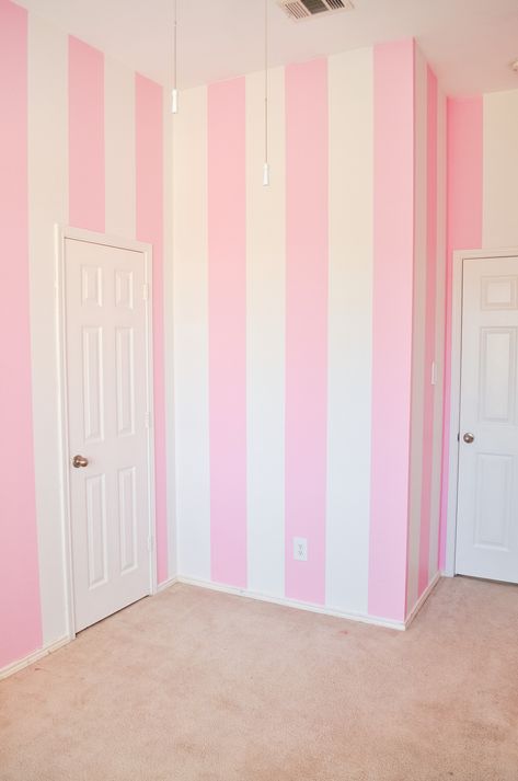 How to DIY pink striped walls | Home Renovation @ pastelcarousel.com Pink And White Striped Walls, Striped Walls Bedroom, Pastel Carousel, Pink Striped Walls, Striped Bedroom, Pink Bedroom Walls, Stripe Wall, Pink Room Decor, Striped Room