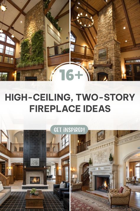 Click for More ➡️ | Save for Later ❤️ | High-Ceiling, Two-Story Fireplace Ideas: Discover natural elements, murals, and more! Fireplace Makeover With Vaulted Ceilings, Fireplace Mantle Decor Vaulted Ceiling, Tall Fireplace Decor High Ceilings, Floor Level Fireplace, Fireplace With Tall Ceilings, Tall Ceiling Living Room Decor, Tall Fireplace Ideas, Living Room High Ceiling, Vaulted Ceiling Fireplace